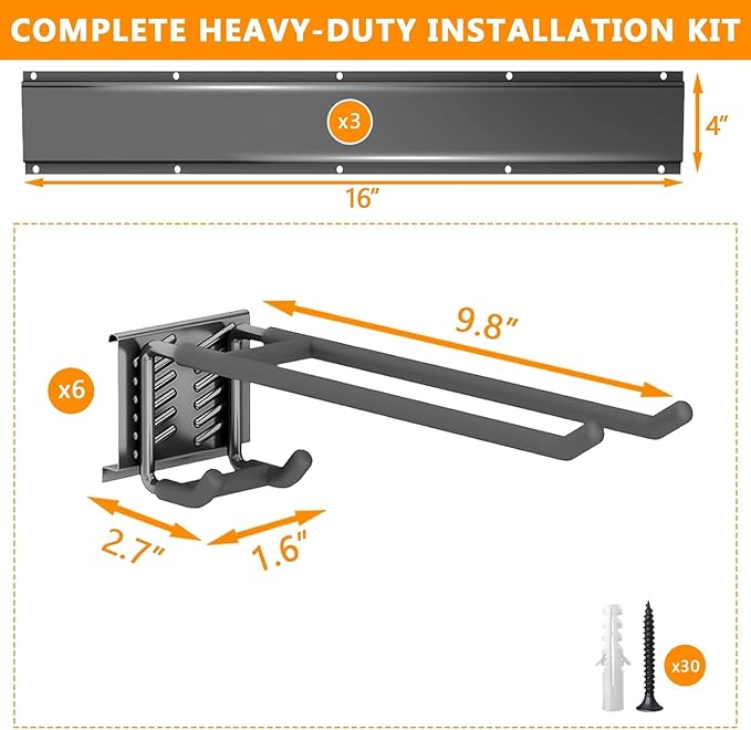 Garage Tool Organizer Wall Mount, 48 inch Garage Wall Organizer, 480lbs Sturdy Garden Tool Organizer with 6 Adjustable Bilayer Hooks, for Yard, Shed, Basement, Workshop(Black)