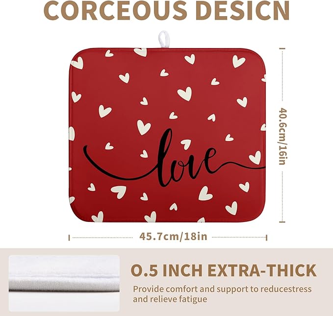 Wnoesat Valentines Day Dish Drying Mat 18x24 Inch Valentine Red Love Heart Drying Mats for Kitchen Counter Super Absorbent Microfiber Medium Dish Drying Pad Heat Resistant Dish Draining Rack Mat