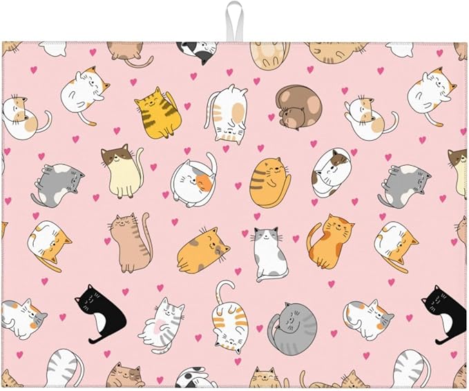 Cute Cat Dish Drying Mat for Kitchen Counter Cute Pink Kitchen Mat Microfiber Kitchen Countertop Absorbent Reversible Drainer Rack Pad Dish Drying Mat 18 x 24 Inch