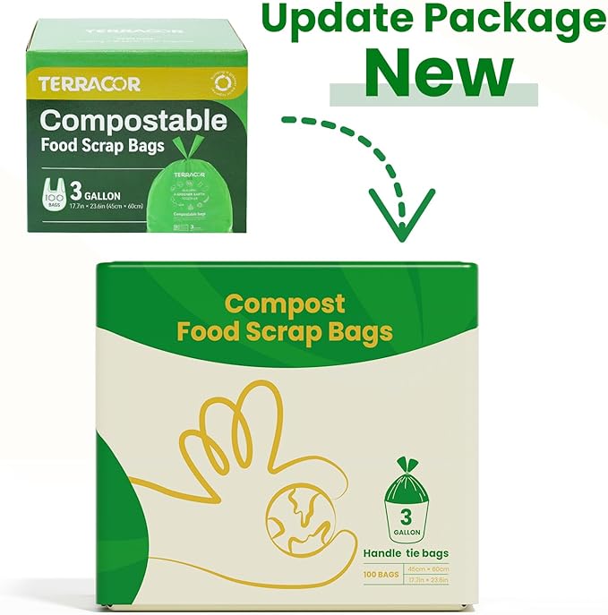 TERRACOR Compost Bags, Handle Tie Food Scrap Bags 3 Gallon,100 Count,Certified by BPI and ASTM D6400, Kitchen Compost Bin Compatible
