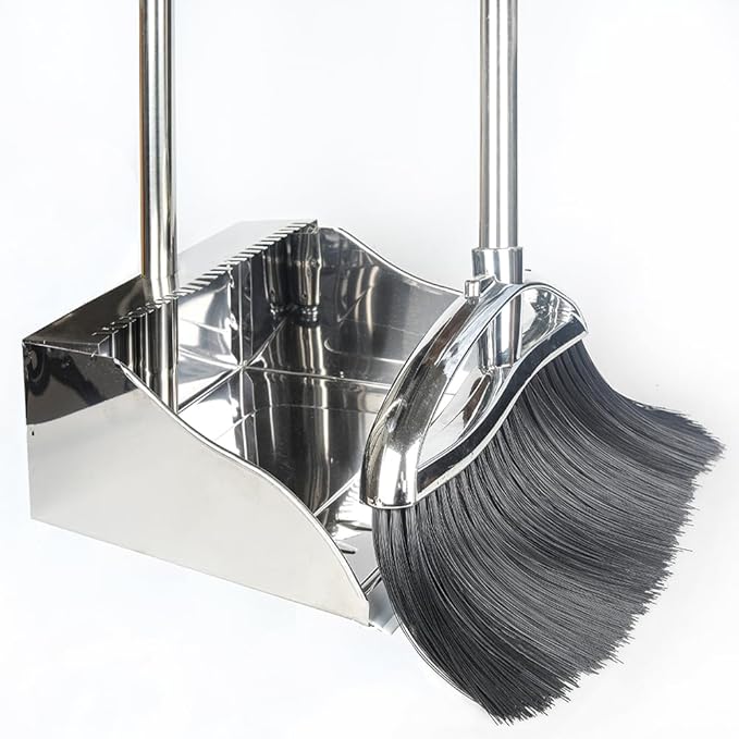 Indoor Broom and Dustpan Comb Set,Heavy Duty Stainless Steel Metal Dust Pan with Long Handle Sweeping Soft Bristles Broom for Floor Home Lobby Office