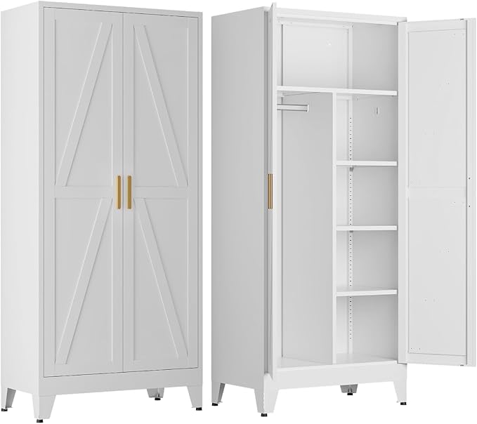 COFaR Metal Wardrobe Closet, Bedroom Armoire with Adjustable Hanging Rod and Shelves, Farmhouse Broom Closet Storage Cabinet for Garage Laundry Office, Roperos para Guardar Ropa, 71'' Tall White