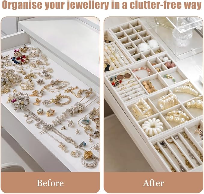 10 Pack Jewelry Organizer Tray Drawer Inserts Stackable Velvet Liner Dividers Customizable Jewellery Box Foam Ring Earring Holder Necklace Bracelet Storage Display Dish Flat in Dresser Vanity