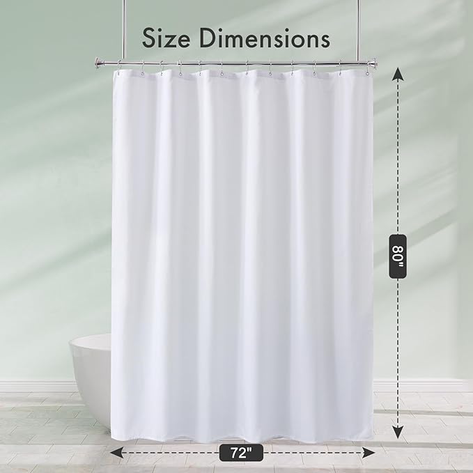 Amazer Long Shower Curtain Liner Washable 72x80 Inches, White Shower Liner Fabric with 2 Bottom Stones, Waterproof 2-in-1 Shower Curtain and Liner, 12 Grommet Holes, 120 GSM, White