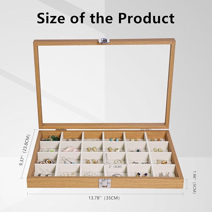 Stratalife Jewelry Organizer Wooden Jewelry Box Jewelry Display Case Jewelry Tray with Glass Lid Earring Holder Organizer Bracelet Ring Organizer 24 Grid Jewelry Tray Vintage Gift for Women