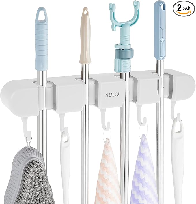 2Pcs Broom Holder Wall Mount, No-Drilling Self-Adhesive Mop and Broom Storage Rack with Hooks (4 Racks with 5 Hooks), Wall-Mounted Broom Hanger for Bathroom, Kitchen, Closet, Garage, White ﻿