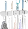 3PCS Broom Holder Wall Mount, No-Drilling Self-Adhesive Mop and Broom Storage Rack (4 Racks with 5 Hooks),Wall-Mounted Broom Hanger for Bathroom, Kitchen, Closet, Garage, White
