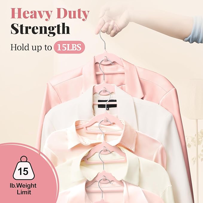 UEAKPIC Velvet Hangers 50 Pack, S-Shaped and Stackable Non Slip with 360°Swivel Hook, Ultra Thin and Space Saving Flocked, for Suits, Shirts, Coats, 15Lbs Capacity Heavy Duty, Pink