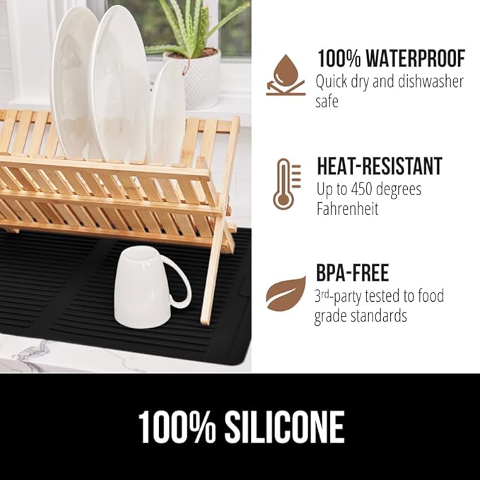 GORILLA GRIP 100% BPA-Free Patented Silicone Dish Drying Mat for Kitchen Counter, Water Catching Ribbed Design, Easy Clean Waterproof Sink Liner, Heat Resistant, Fits Under Rack, 11x13 Inch, Black