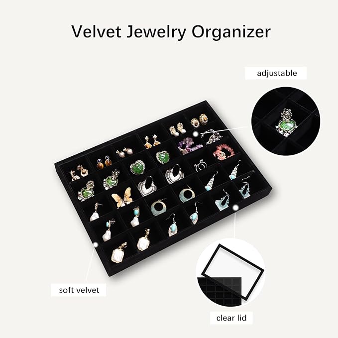 Wudygirl Jewelry Organizer Stackable Jewelry Tray Velvet Earring Holder Organizer 30 Grid Earring Storage with Lid Ring Holder Drawer Inserts Divider Storage for Women (Black)