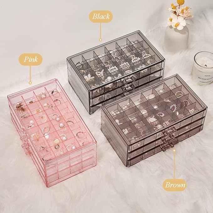 Earring Storage Box Organizer 3 Drawers Acrylic Jewelry Storage Box Holder Transparent Jewelry Display Stand with 72 Small Compartments Gift for Women Girls (Clear Black)
