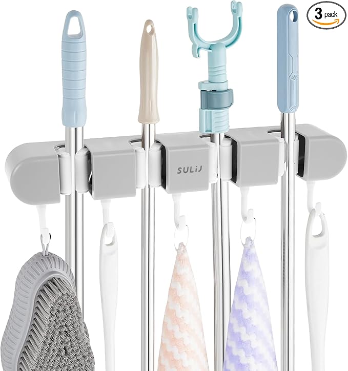 3PCS Broom Holder Wall Mount, No-Drilling Self-Adhesive Mop and Broom Storage Rack (4 Racks with 5 Hooks),Wall-Mounted Broom Hanger for Bathroom, Kitchen, Closet, Garage, Grey