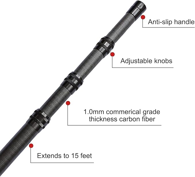 Carbon Fiber Pool Pole, Professional 15 FT Telescoping Swimming Pool Cleaning Pole 4.6 to 15 FT, Ultra-Lightweight 4-Section Adjustable Skimmer Pole for Nets, Brushes, Vacuums – Rustproof