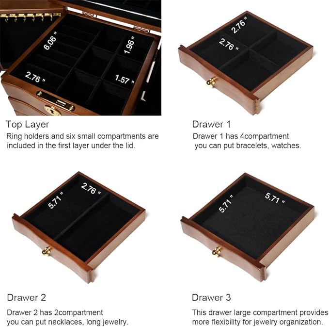 FEECOZ Wooden Jewelry Box for Women, Solid Wood Jewelry Organizer with Mirror and 3-Drawer, Ring,Necklacel,Vintage Style Storage Box with Lock (Dark Brown（Rose Pattern)