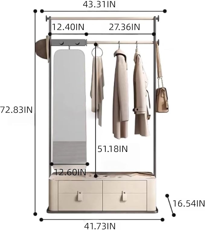 Free-Standing Clothes Rack 43IN (2 Drawers) (Metal Hanging Rod Hook) Full-Length Mirror, Beige Dress Up Closet Organizer