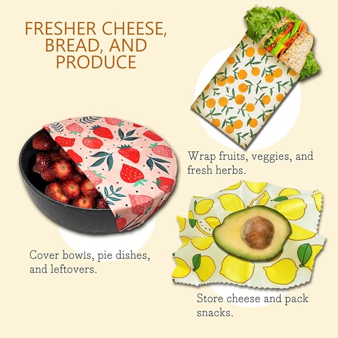 EcoHMVerve Beeswax Reusable Food Wraps for Bread & Sandwiches – Organic Cotton, Beeswax & Pine Resin Reusable Food Wrap with Multi-function brush– Eco-Friendly Kitchen Storage