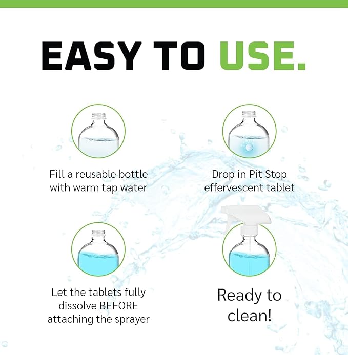 WASH&WHIPS Glass Cleaner Effervescent Tablets w/Empty 16 oz Spray Bottle (Makes 5 Gal/20L)