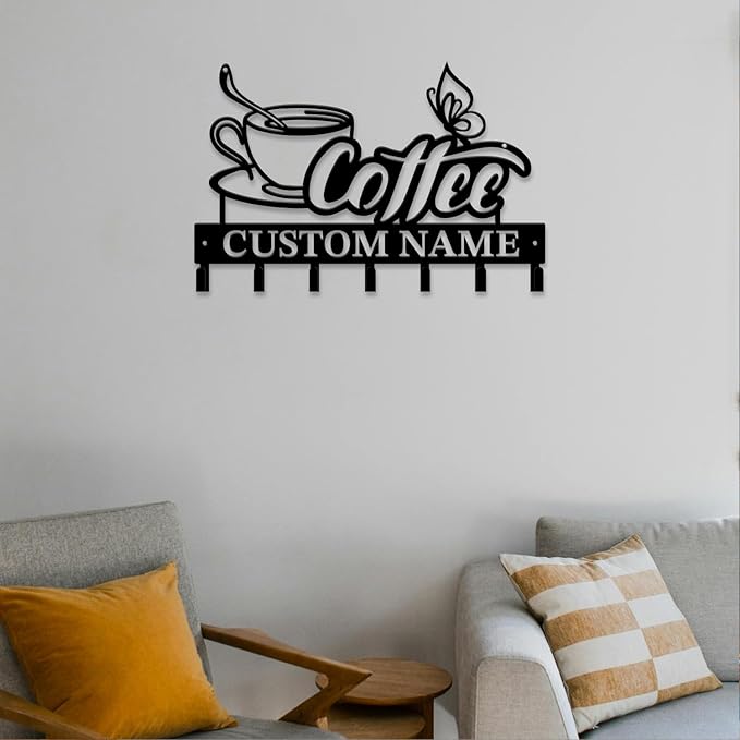 Personalized Custom Name Coffee Bar Wall Keys Hooks,Metal Coffee Shop Art Clothes Hooks,Metal Coffee Lover Wall Home Storage Decorative,For Front Door, Hallway, Kitchen, Bedroom,Keys,Hats (Style G)