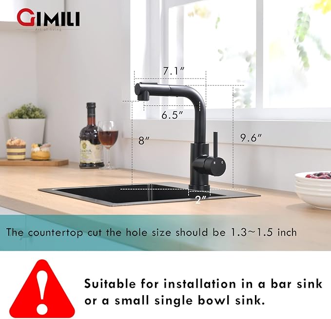 GIMILI Modern Bar Sink Faucet for Kitchen Sink Single Handle with Pull Out Sprayer Hot and Cold Prep Sink Faucet Matte Black