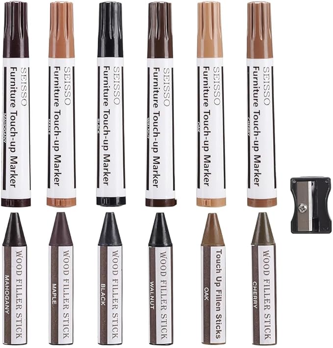 Wood Repair Markers- Furniture Touch Up Markers Kit, 6Pcs Wood Scratch Cover Markers and 6Pcs Wax Filler Sticks for Wooden Floors, Tables, Desks, Carpenters- Set of 13
