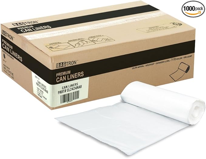 Bagtron 7-10 Gallon Trash Bags, 8 Micron High Density Garbage Can Liners Bulk, 24" x 24", Natural Clear, 1000 Count