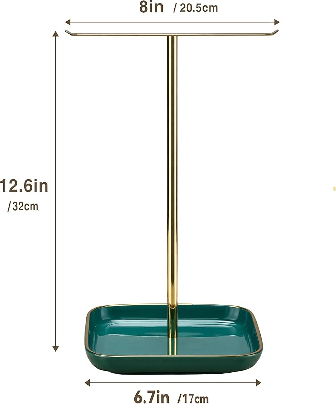 pickpiff Necklace Holder Stand with Ceramic Base: 12" Jewelry Tree Display Organizer for Necklaces, Bracelets, Rings, Earrings, Tall Gold and Green Stand for Women, Aesthetic Room Décor