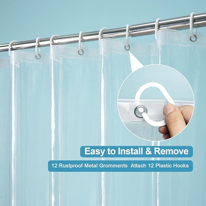 EurCross Clear Shower Curtain Liner 90 inches Long with 5 Magnet Weights and Hooks, Waterproof Premium 9G PEVA Extra Long Plastic Shower Curtain Liner 72 x 90 inch