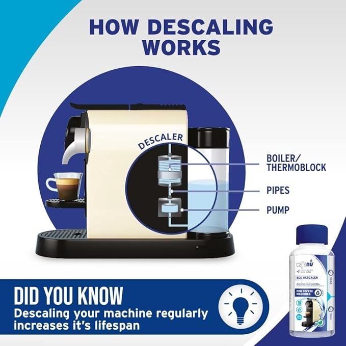 Universal Coffee Machine Descaling Solution. Coffee Machine Descaler Liquid 4 Uses. Descaler Kit. Part of your Barista Accessories Set. Compatible with Nespresso, Phillips, Lavazza, Verismo and More!