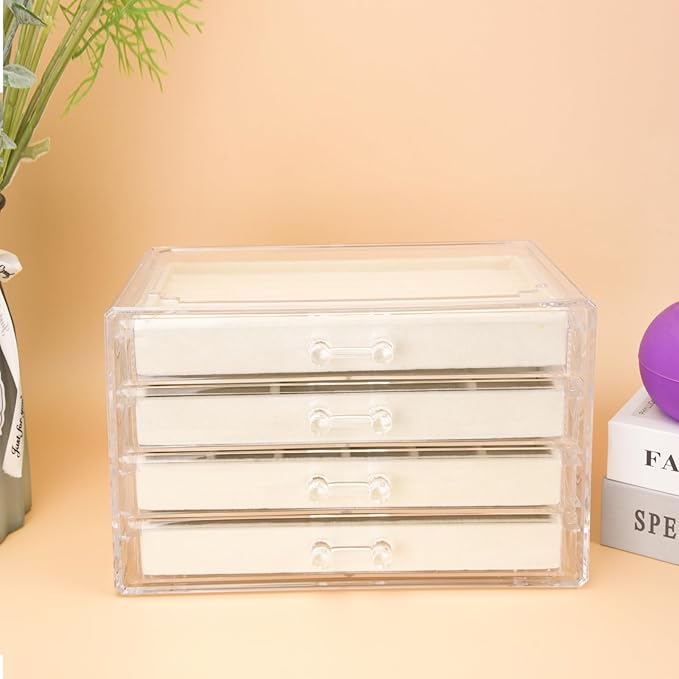Weiai Acrylic Jewelry Organizer, Clear Jewelry Box with 4 Drawers, Jewelry Case Storage for Women (Beige)