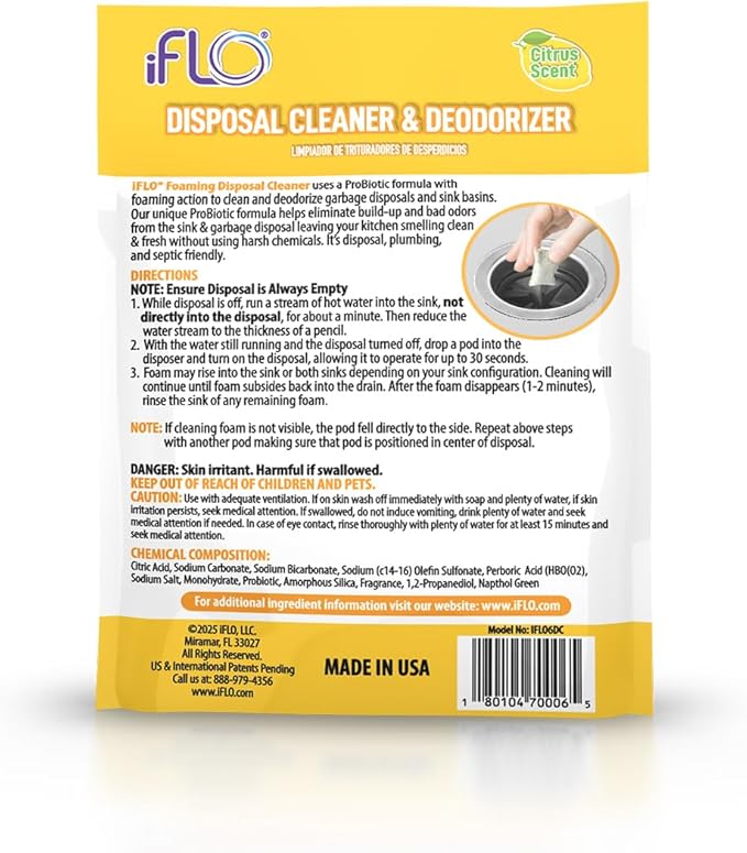 iFLO Foaming Garbage Disposal Cleaner Pods with iFLOBiotic – Powerful Garbage Disposal Foaming Action for Sink, Food Waste & Odor Removal – Disposal Cleaner Pods, 6 Pack