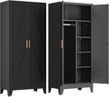 COFaR Wardrobe Closet with Doors, Metal Bedroom Armoire with Adjustable Hanging Rod and Shelves, Farmhouse Broom Closet Storage Cabinet for Garage Laundry Office, 70.87" H x 31.5" W x 17.72" D, Black