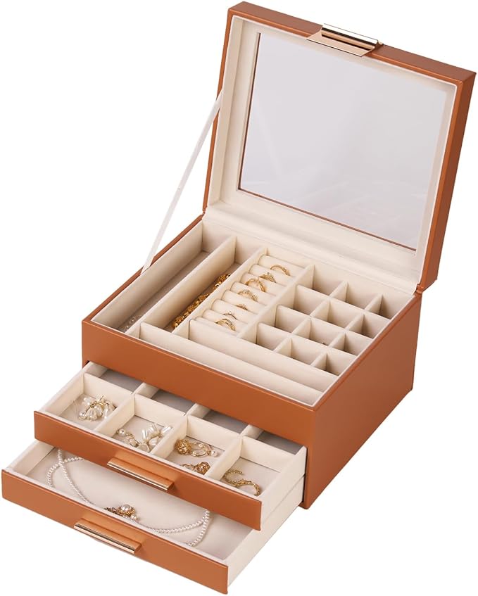 Jewelry Box Organizer with Glass Lid, 3-Layer with Double Drawers, Luxury Velvet Lined Desktop Display Case for Earrings Rings Necklaces, Gift for Women Girls (Brown)