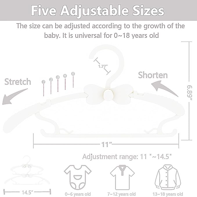Baby Hangers 50 Pack, 11-14.5" Adjustable Kid Hangers for Newborn Closet, Plastic Non-Slip Small Infant Hanger for Toddler Pant, Child Coat Hanger for Boy Nursery Clothing, Girl Dresses, White