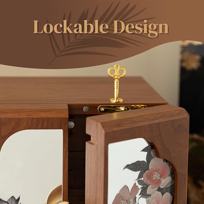 KINTNESS Black Walnut Wooden Jewelry Box with Lock - 5 Layers Large Jewelry Organizer for Women Girls, Flower-Mirror Jewelry Safe with Key for Bracelet, Necklace, Ring, Earring