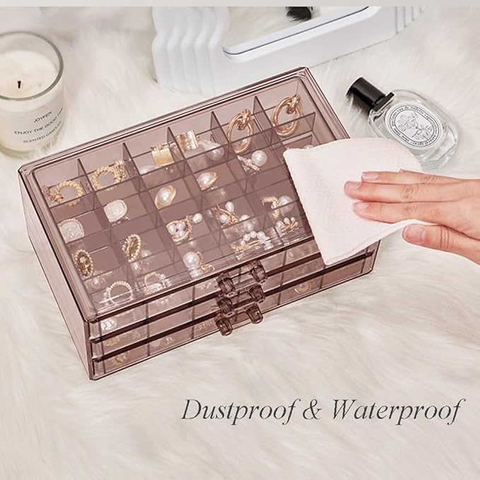 Earring Storage Box Organizer 3 Drawers Acrylic Jewelry Storage Box Holder Transparent Jewelry Display Stand with 72 Small Compartments Gift for Women Girls (Clear Purple Brown)