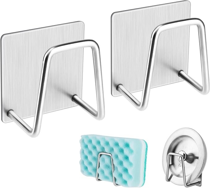 NEXCURIO Adhesive Sponge Holder Sink Caddy for Kitchen Accessories - SUS304 Stainless Steel Rust Proof Waterproof, Quick Drying (2 Pack)