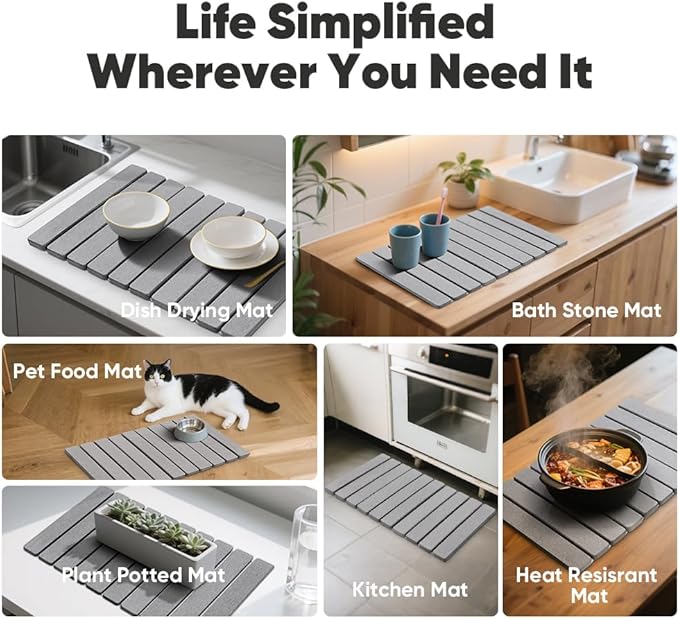 Stone Drying Mat for Kitchen Counter, Quick Diatomaceous Earth Mats for Dishes, 23.6"L x 15.7" W Super Absorbent Fast Drying Collapsible Countertop Stone Mat (Light Grey, Extra Large)