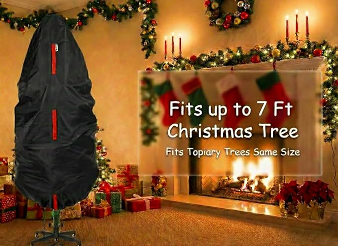 Upright Christmas Tree Storage Bag - Fits 7 Ft Artificial Xmas & Topiary Tree, Vertical Holiday Cover, Durable, Dustproof & Easy-Use Xmas Storage, Black