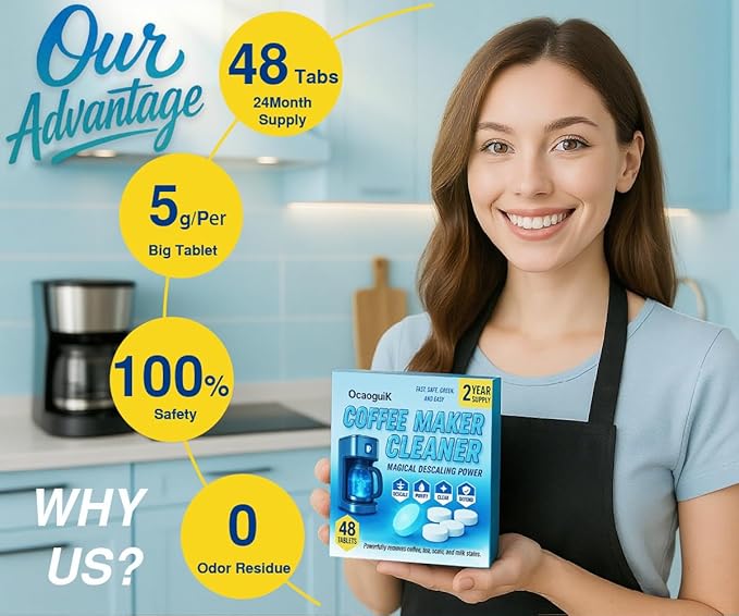 48Tabs–Coffee Maker Cleaner and Descaler & Coffee Pot Cleaner. Powerful Keurig Descaling Solution. Coffee Machine Descaler Tablets Compatible with Keurig, Breville, Miele, DeLonghi & Espresso Machines