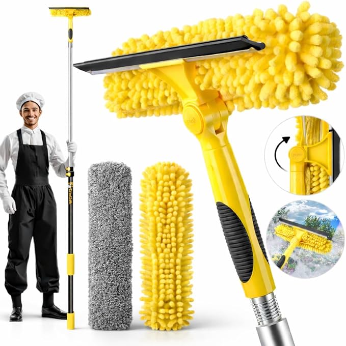 150'' Long Reach Window Squeegee with Telescoping Extension Pole, 2-in-1 Indoor/Outdoor Cleaning Tool with 270° Rotatable Head, Lightweight Alloy Aluminum Pole for Shower Door, Mirror, Car Windshield