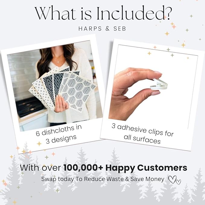 Harps&Seb Swedish Dishcloths for Kitchen Dishcloths - 6 Pack, Reusable Paper Towels with Clips, Super Absorbent Washable Non-Scratch Swedish Dish Towels, No Odor, Biodegradable