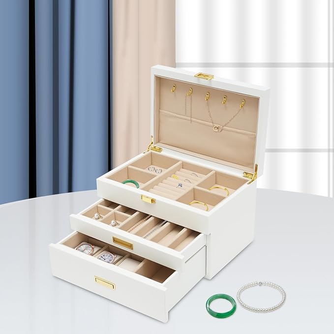 3-Layer Jewelry Box Organizer with Hooks, White Jewelry Chest for Women Girls, Jewelry Case Display Jewellery Holder Organizer Storage Box for Necklace Earrings Rings Bracelets