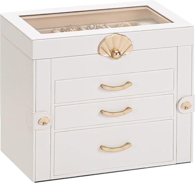 Jewelry Box with 3 Drawers: Display Organizer for Earrings Necklaces - Gift for Girls Women (White)