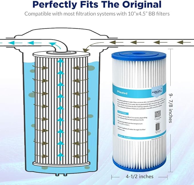 Membrane Solutions 5 Micron Pleated Water Filter Home 10"x4.5" Whole House Heavy Duty Sediment Replacement Cartridge Compatible with ECP10-1,ECP20-BB,R50-BBSA,FXHSC,CB1-SED10-BB (4 Pack)