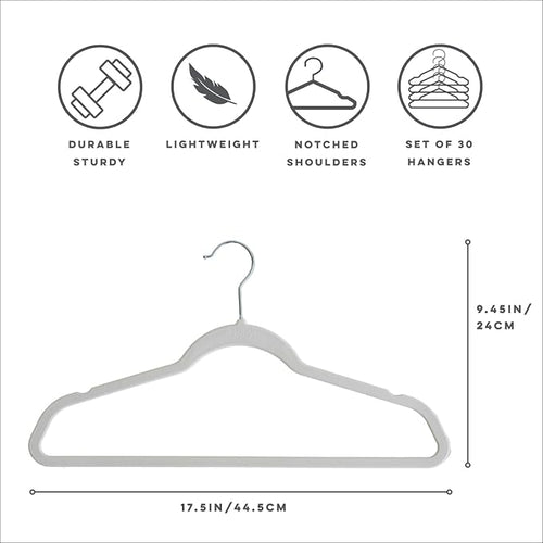 3 Sprouts - Adult Velvet Hangers - Non Slip Felt Clothing Hanger Set - Durable & Slim for Space Saving - Ideal Velvet Hangers for Organization - Lightweight Thin Clothes Hangers - Pack of 30 - Gray