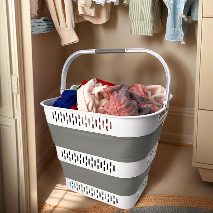 SAMMART 38L(10 Gal) Collapsible Laundry Basket - Foldable Pop-Up Storage Container/Organizer-Portable Space Saving Hamper, Measure 17.5x13.3x15.7/3.8" Expanded/Collapsed (1, White/Grey)