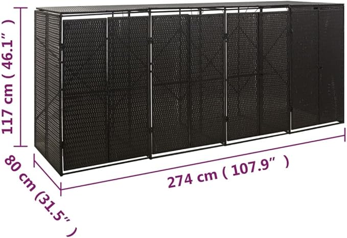 Quadruple Wheelie Bin Shed Garbage Can Storage Shed, PE Trash Container Management Unit, Outdoor Patio Recycling Dustbin Trash Shed, Black 107.9"x31.5"x46.1" Poly Rattan