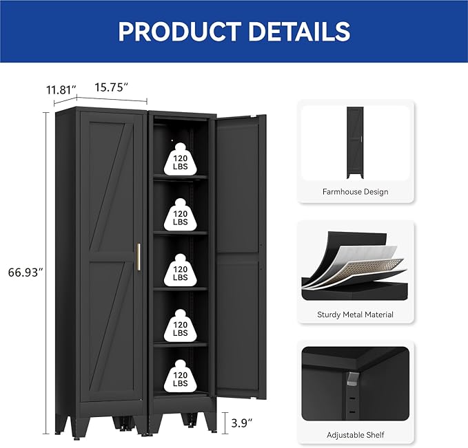 COFaR 67'' Tall Slim Bathroom Storage Cabinet, Metal Narrow Pantry Cabinet with 4 Adjustable Shelves and One Door, Skinny Cabinet Storage for Kitchen Laundry, Black Farmhouse 5 Tiers