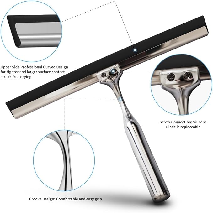 Shower Squeegee for Glass Doors Stainless Steel with Self Adhesive Hook Window Squeegee for Shower Door Bathroom Mirror Wiper, Window Glass Cleaning