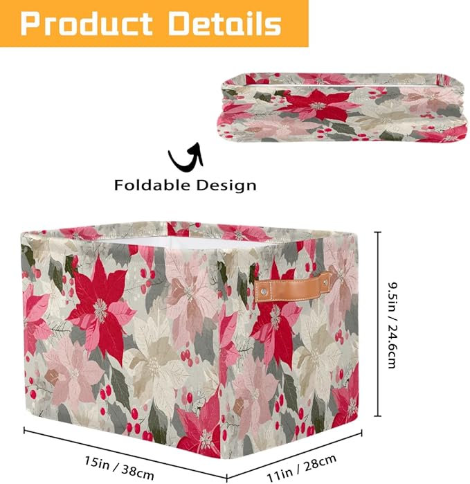 Storage Baskets Bin, Christmas Winter Poinsettia Collapsible Canvas Fabric Storage Bin Decorative Baskets Toy Organizer Rectangle Storage Boxes with Handles for Home Shelves Nursery, J-001